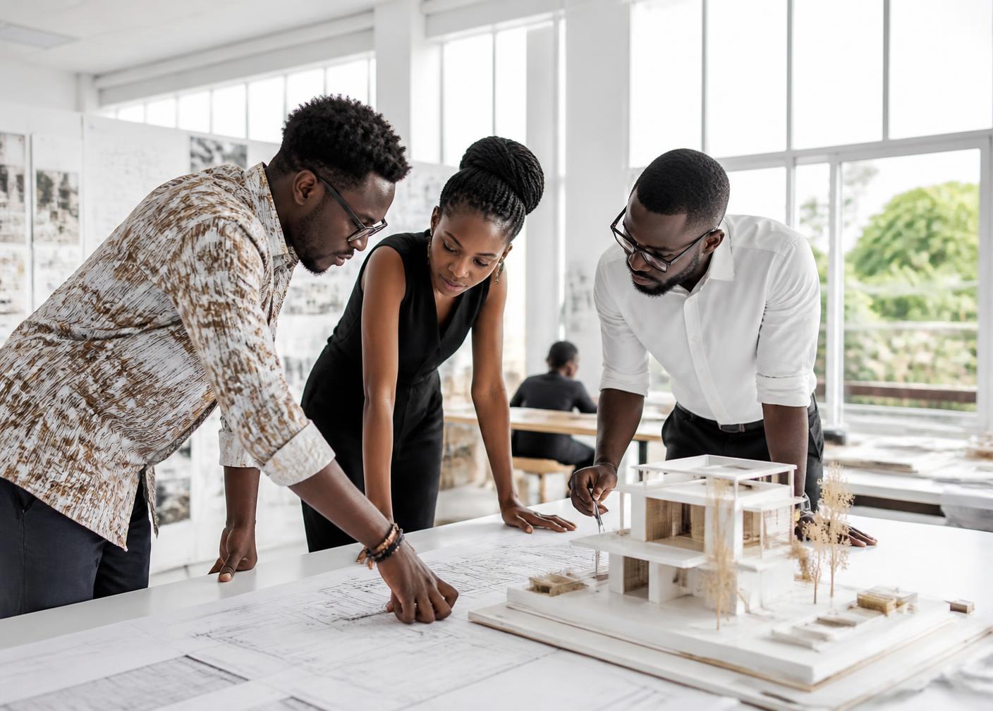 Ghanaian architects reviewing drawings and a model in a sunlit studio